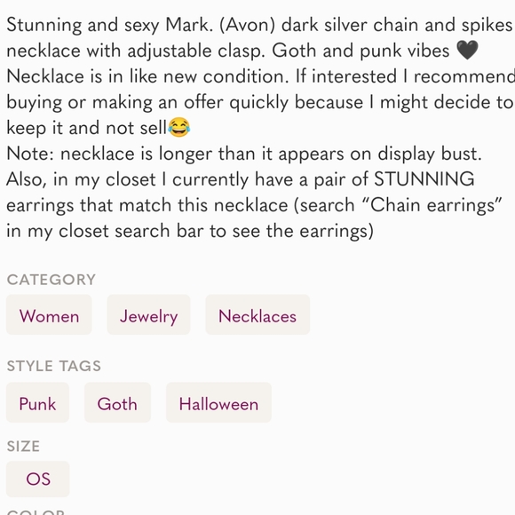 Avon Mark chain and spikes necklace adjustable clasp dark silver goth punk - Picture 5 of 5